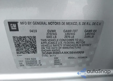 2019 Chevrolet Blazer from USA, damaged, VIN 3GNKBBRAXKS644909